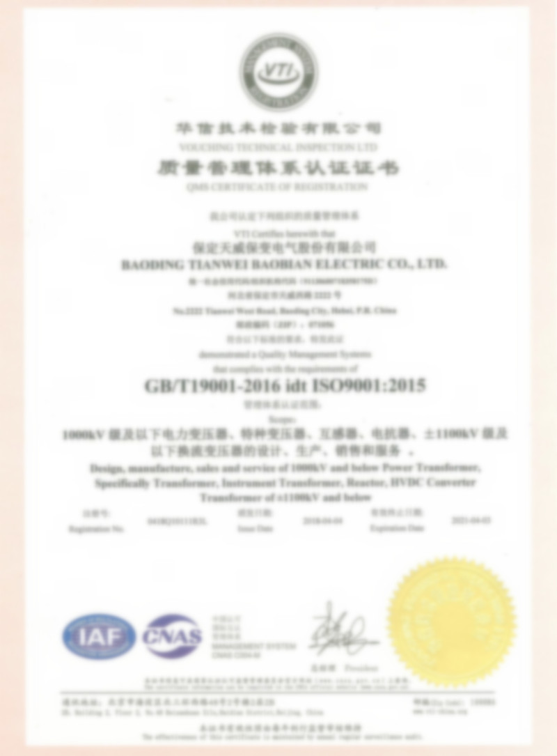 ISO 9001 certificate of BTW